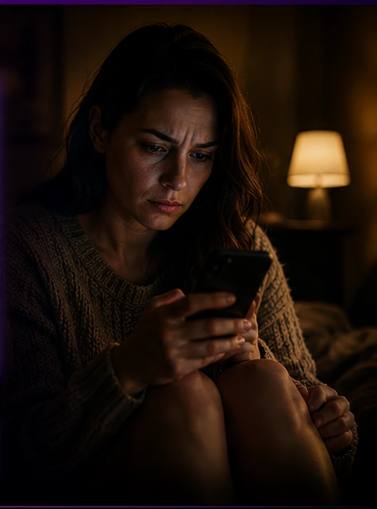 Mulher olhando o celular com expressão de dúvida
